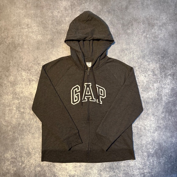 GAP Tops - Gap Women's XL Gray Full Zip Hoodie Arch Logo Raglan Sweatshirt Heather Charcoal